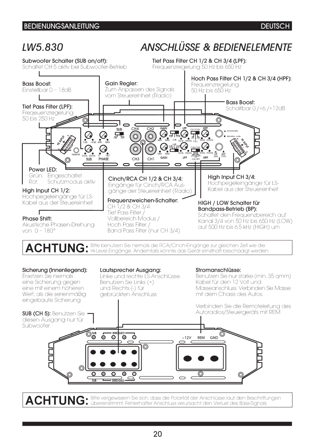 Soundstream Technologies LW2.240 owner manual Bass Boost Schaltbar 0 /+6 /+12dB 