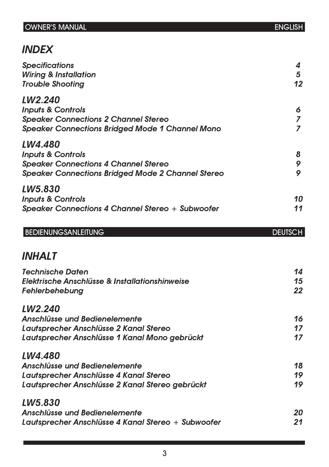 Soundstream Technologies LW2.240 owner manual Index, Inhalt 