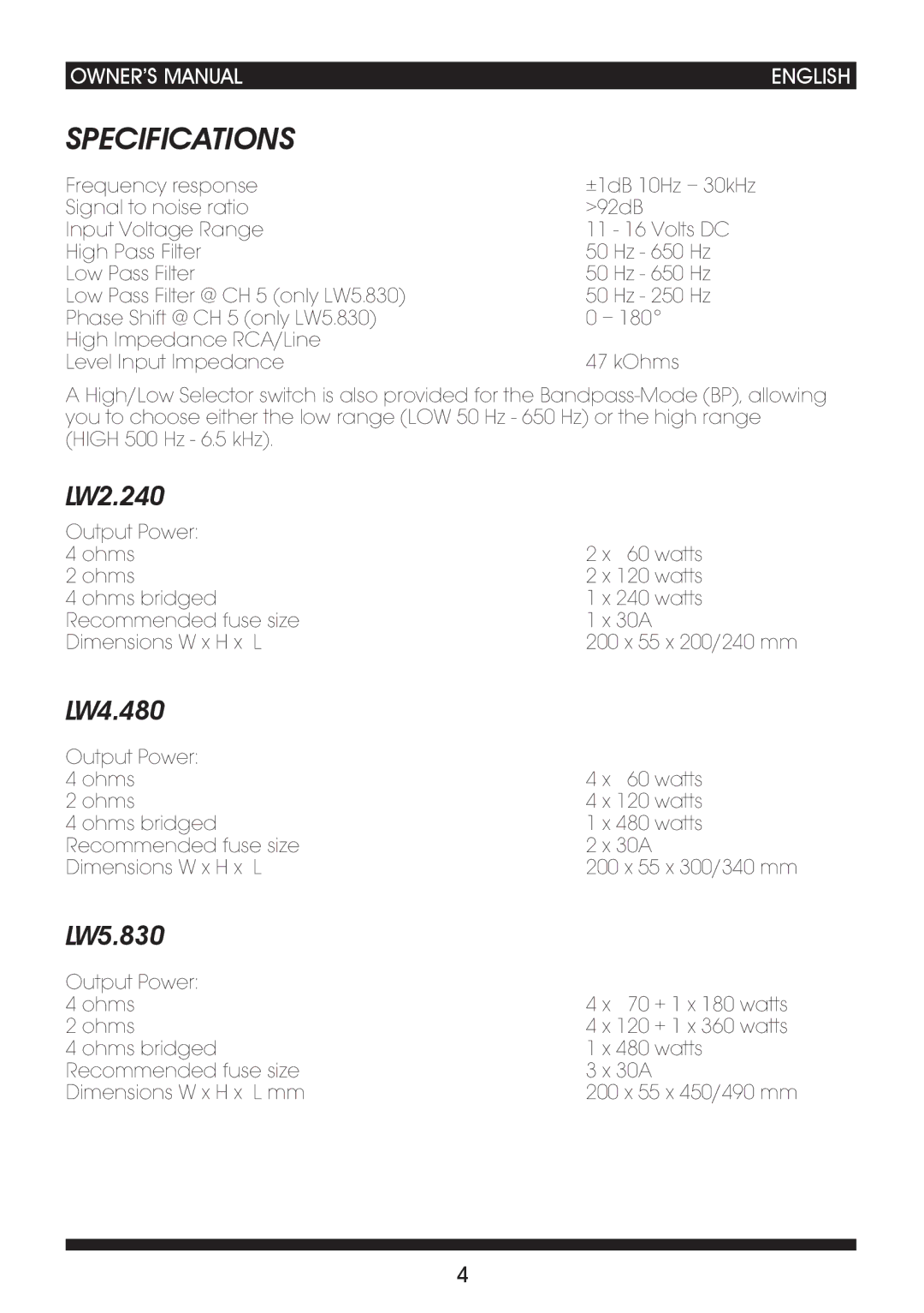 Soundstream Technologies LW2.240 owner manual Specifications 