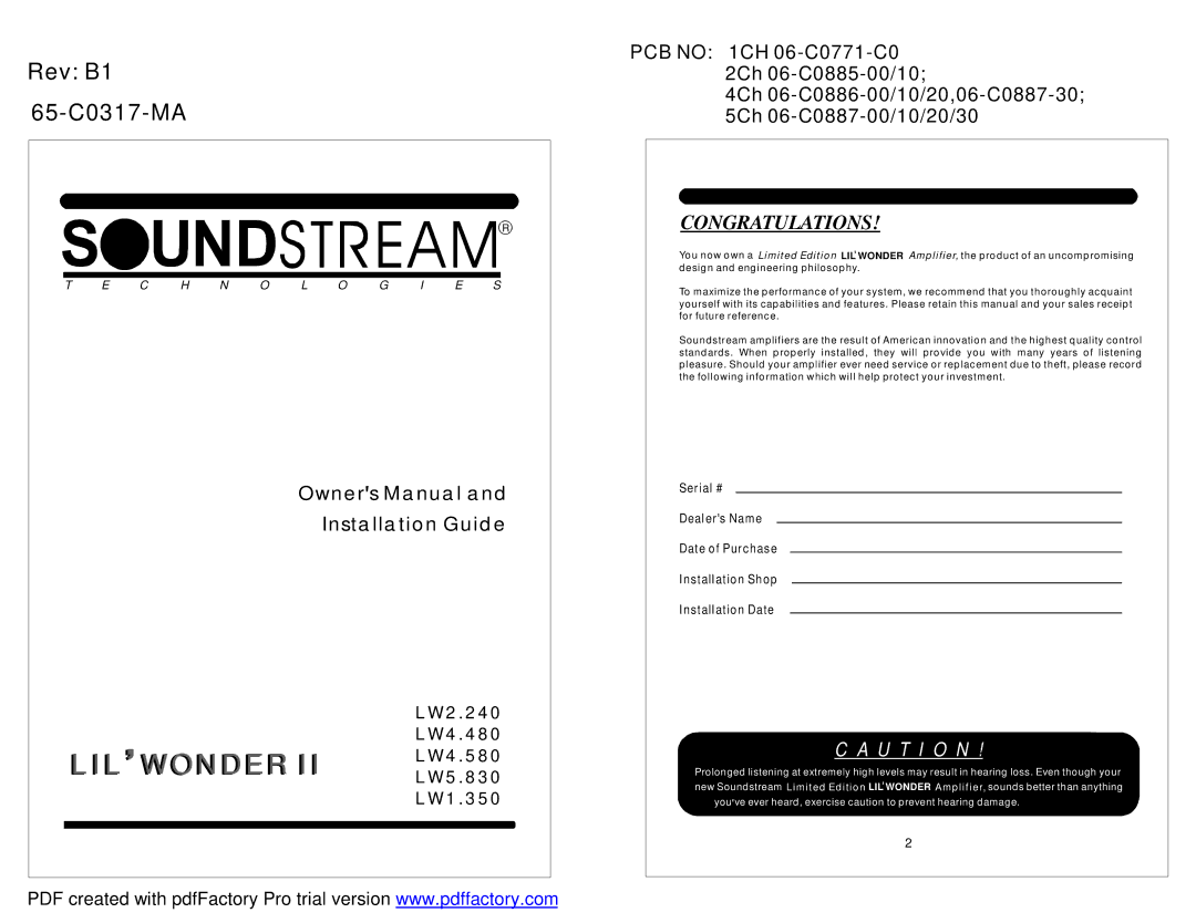 Soundstream Technologies LW2.240, LW4.480, LW5.830, LW1.350, LW4.580 owner manual LIL Wonder 