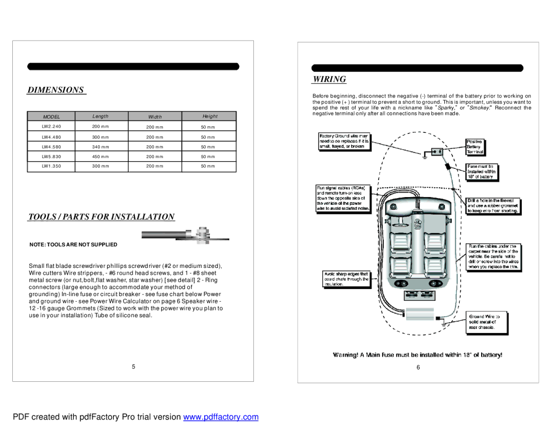 Soundstream Technologies LW1.350, LW4.480, LW2.240, LW5.830, LW4.580 Dimensions, Tools / Parts for Installation, Wiring 