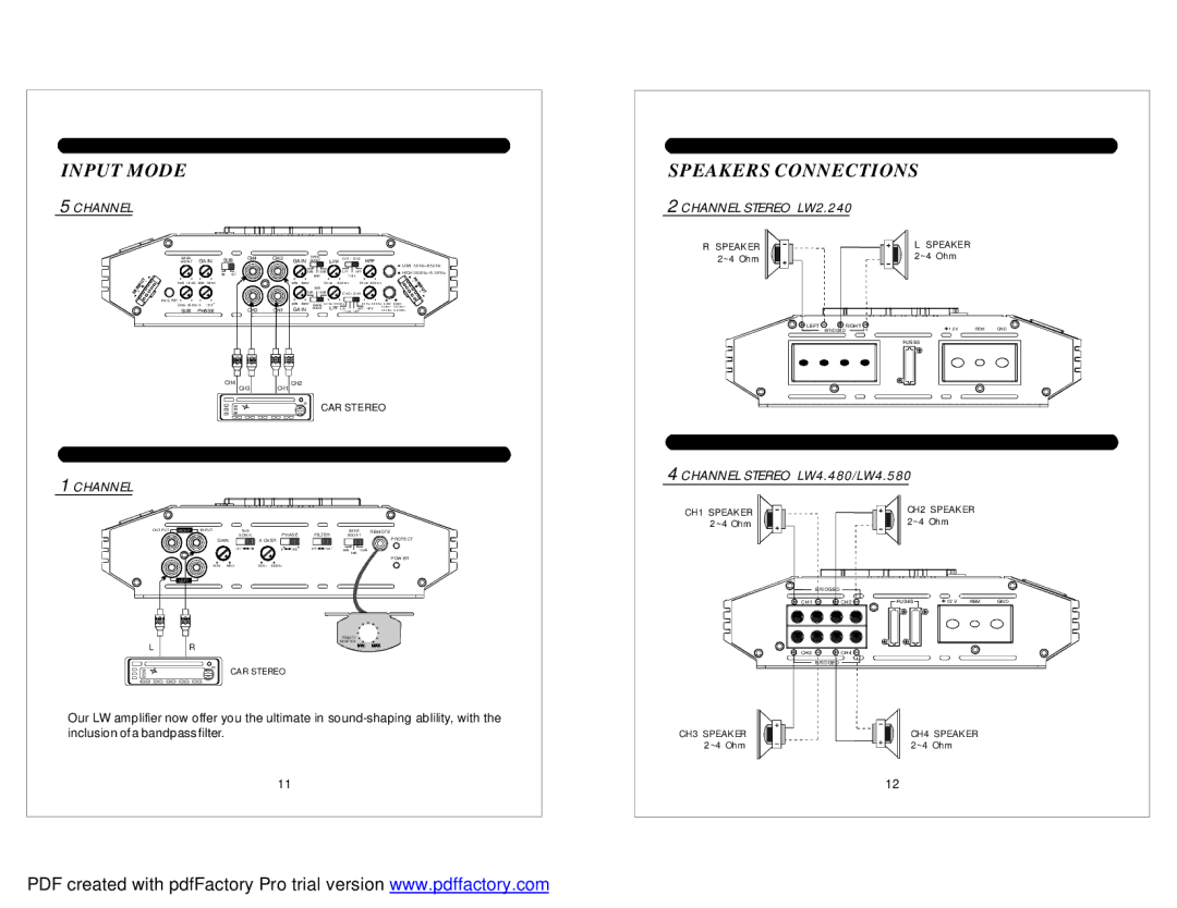 Soundstream Technologies LW5.830, LW1.350 Speakers Connections, Channel Stereo LW2.240, Channel Stereo LW4.480/LW4.580 