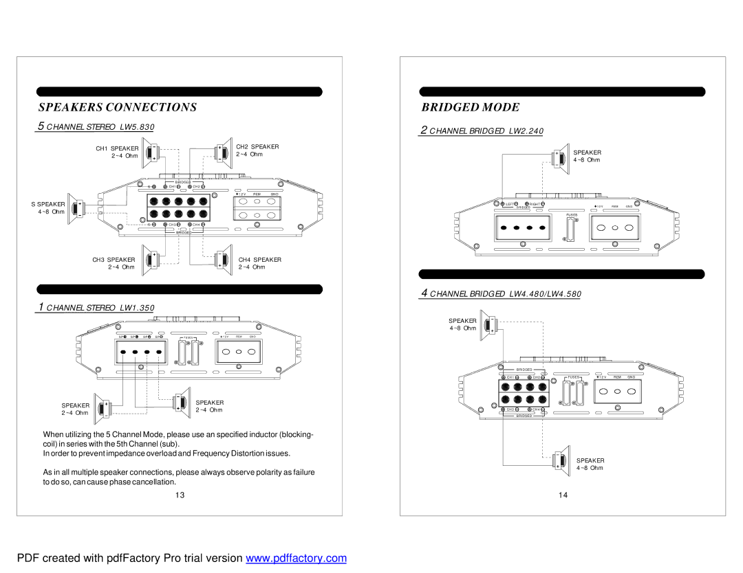 Soundstream Technologies LW4.480 Bridged Mode, Channel Stereo LW5.830, Channel Bridged LW2.240, Channel Stereo LW1.350 