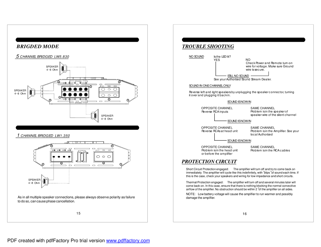 Soundstream Technologies LW1.350, LW4.480 Brigded Mode, Trouble Shooting, Protection Circuit, Channel Bridged LW5.830 