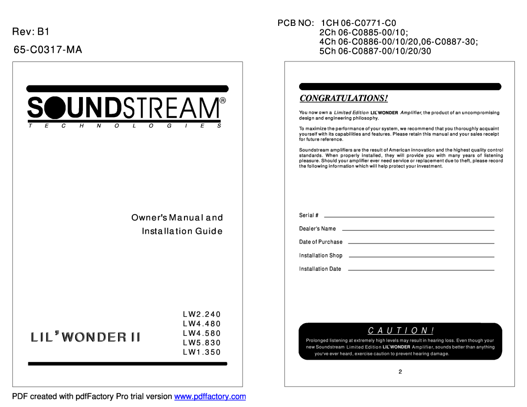 Soundstream Technologies LW2.240 owner manual PCB NO 1CH 06-C0771-C02Ch 06-C0885-00/10, Lil Wonder, Rev B1, 65-C0317-MA 