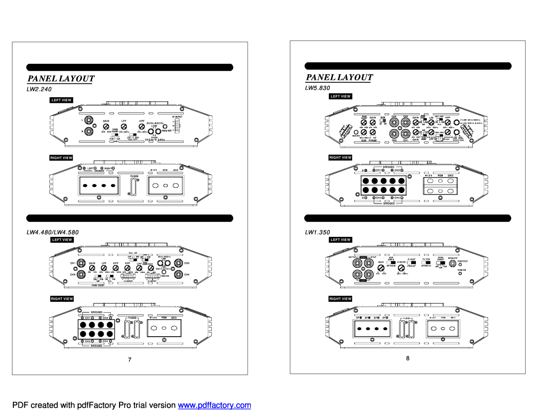 Soundstream Technologies owner manual Panel Layout, LW2.240, LW4.480/LW4.580, LW5.830, LW1.350, Left View, Right View 
