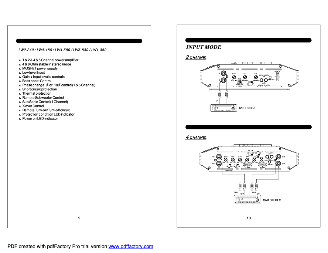 Soundstream Technologies owner manual Input Mode, LW2.240 / LW4.480 / LW4.580 / LW5.830 / LW1.350, Channel 