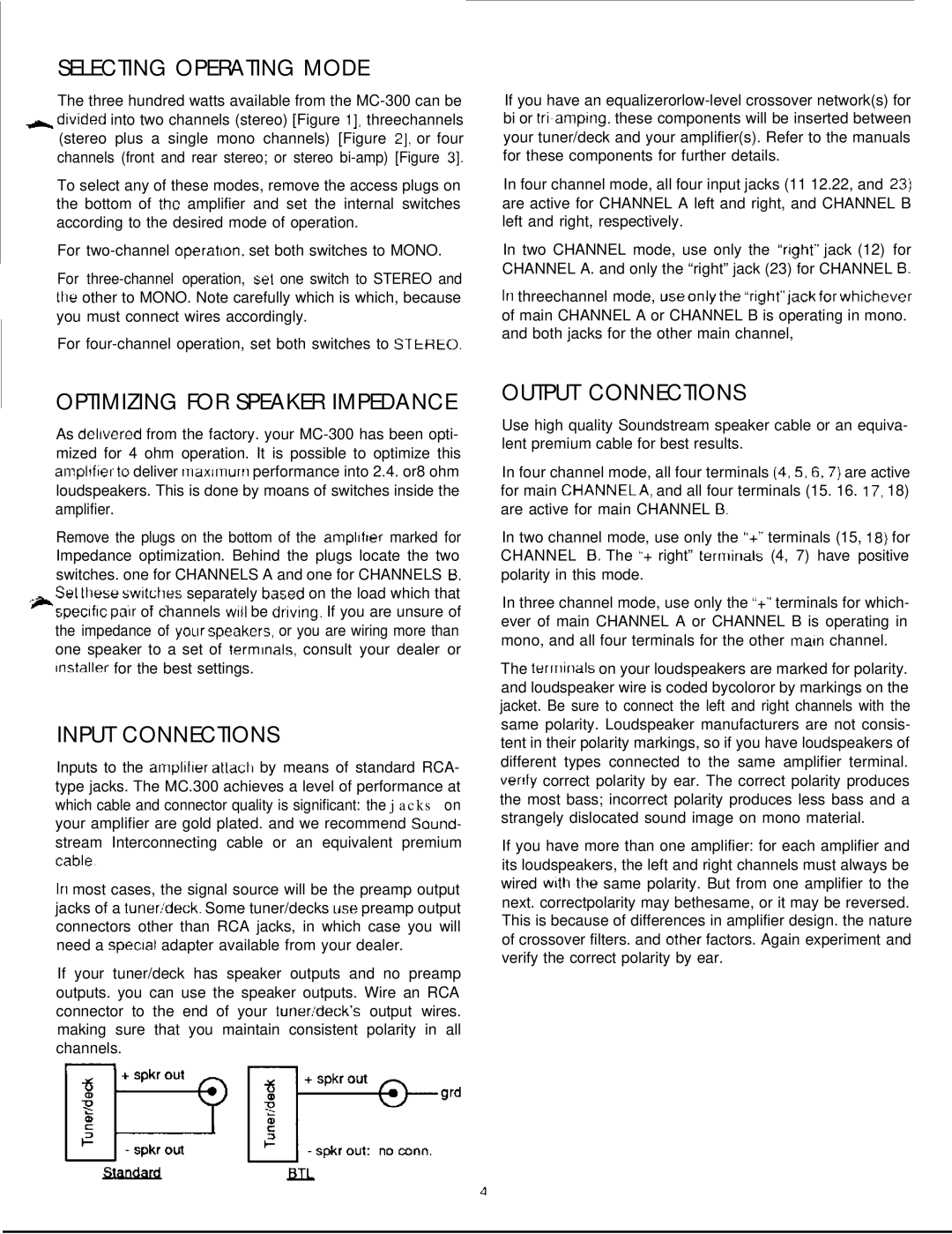 Soundstream Technologies MC-300 owner manual Selecting Operating Mode, Optimizing for Speaker Impedance, Input Connections 