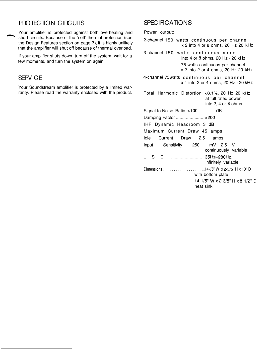 Soundstream Technologies MC-300 owner manual Protection Circuits, Service, Specifications 