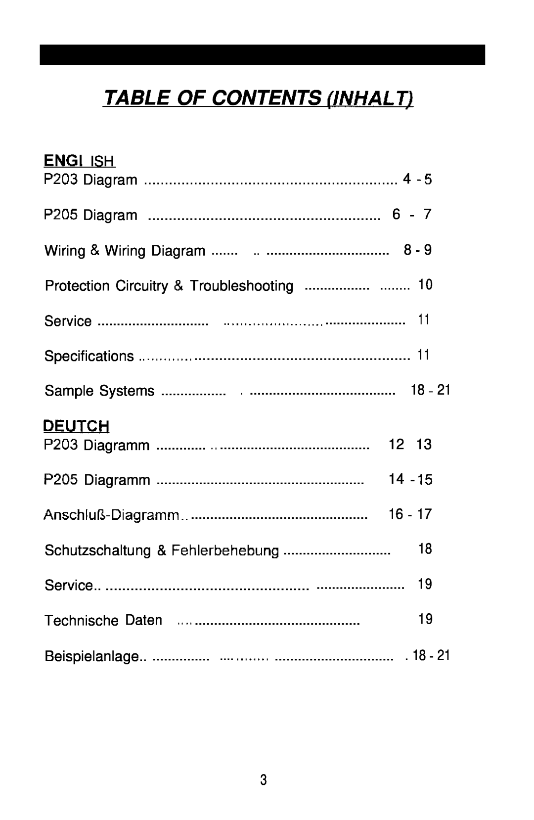 Soundstream Technologies P203, P205 owner manual Table Of Contents Inhalt 