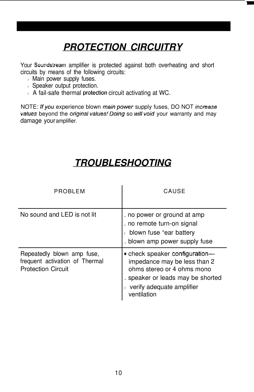 Soundstream Technologies P203, P205 owner manual Protection Circuitry, Troubleshooting 