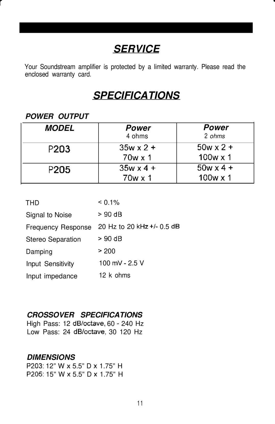 Soundstream Technologies P205, P203 owner manual Service, Specifications 