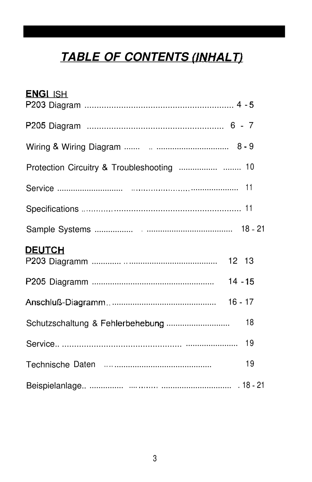 Soundstream Technologies P203, P205 owner manual Table of Contents Inhalt 