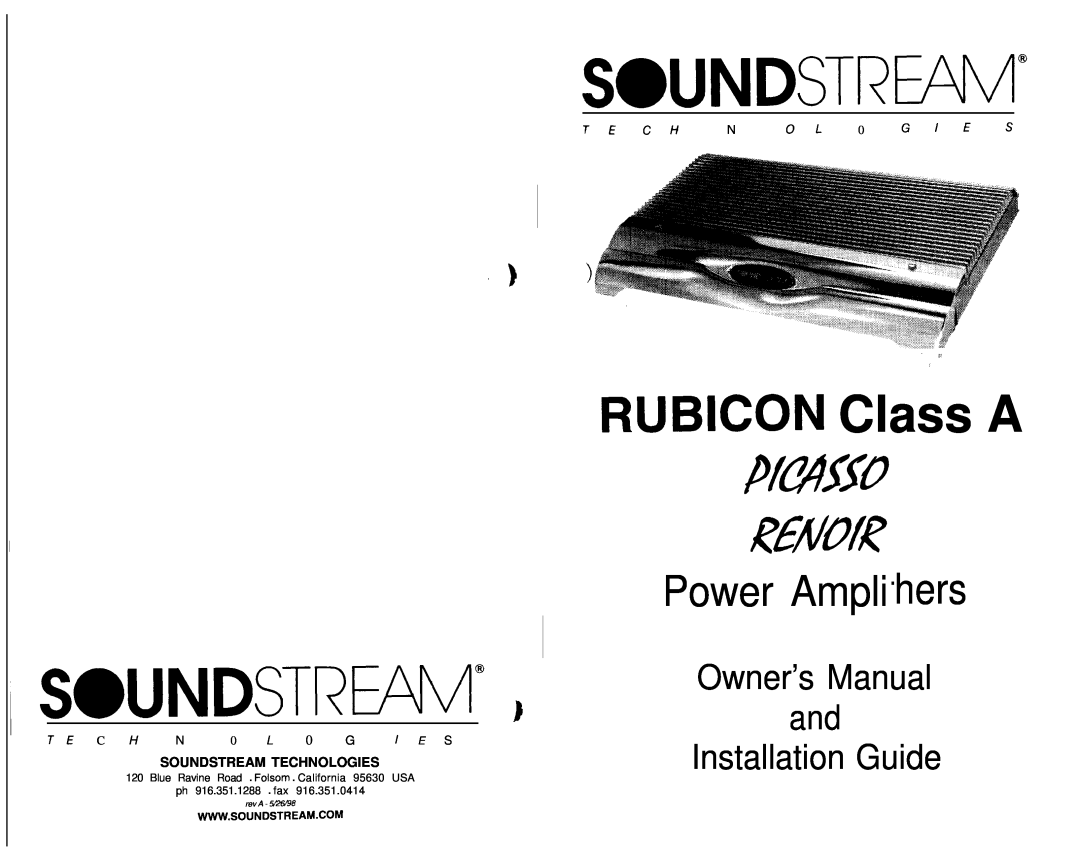 Soundstream Technologies Picasso owner manual S@Undstr@@, I SOUNDSTRl*1, lef!iENoK, P/Hflo, RUBICON Class A, revA-5@6&8 