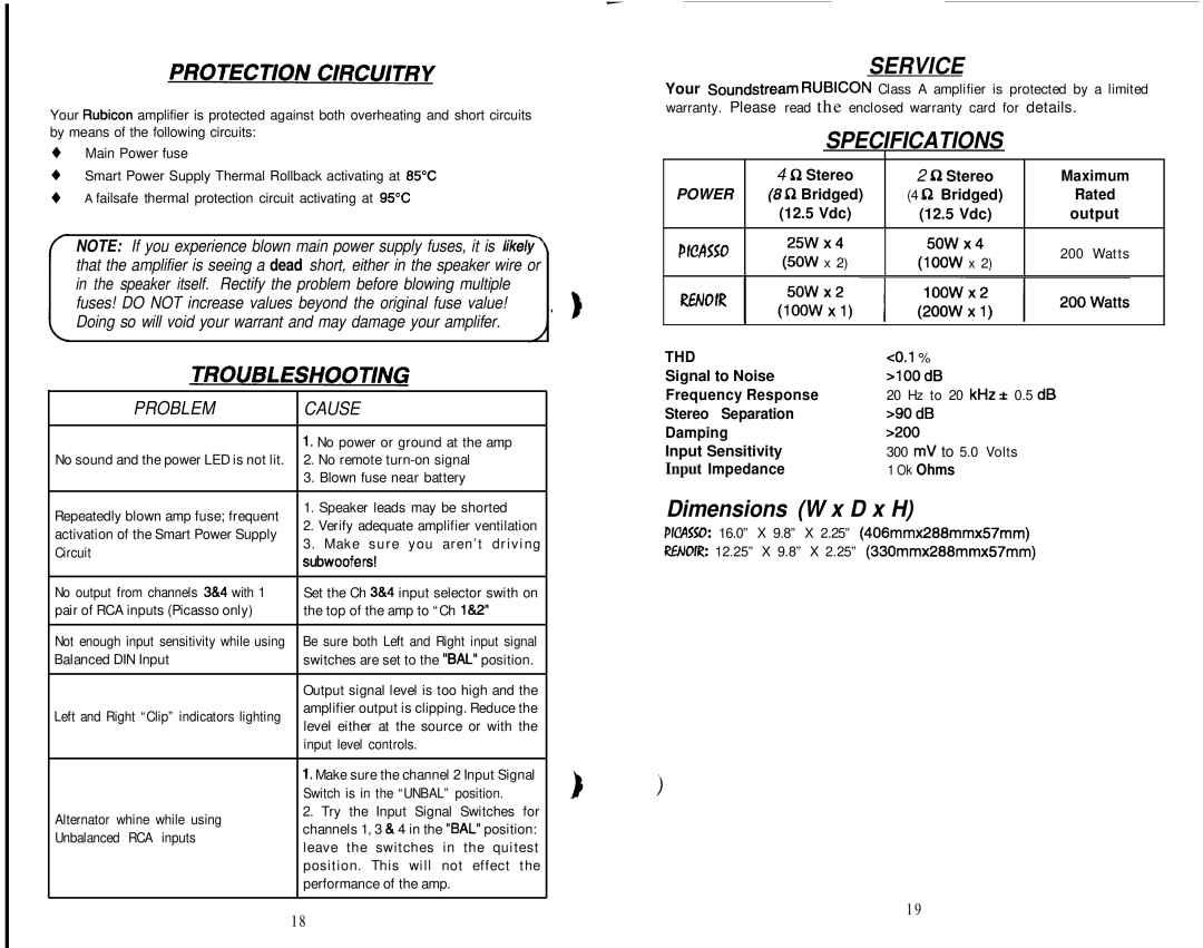 Soundstream Technologies Picasso owner manual Service, Problem Cause 