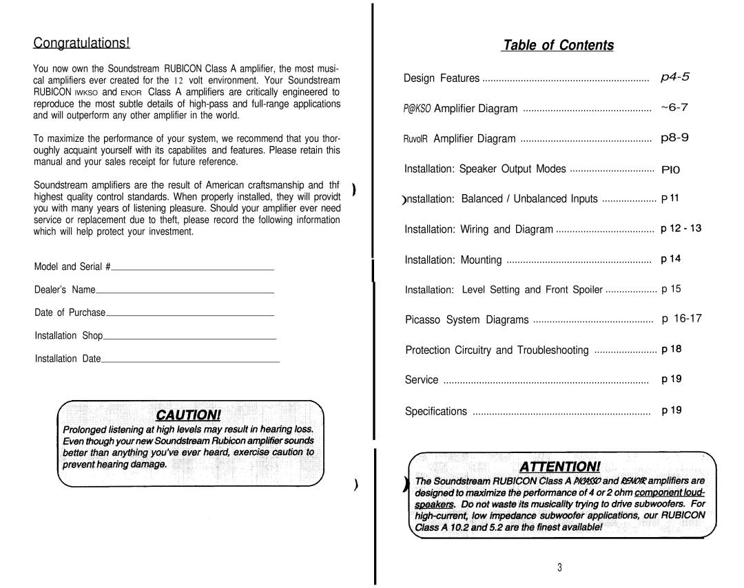 Soundstream Technologies Picasso owner manual Table of Contents 