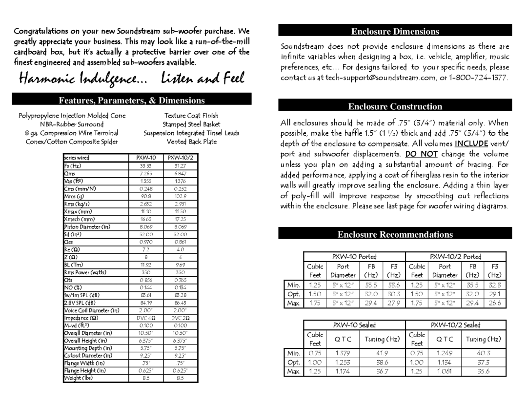 Soundstream Technologies PXW-10/2 specifications Harmonic Indulgence… Listen and Feel, Features, Parameters, & Dimensions 