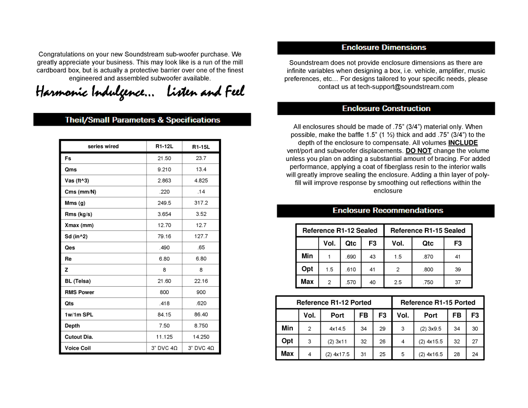Soundstream Technologies R1-12L, R1-15L manual Harmonic Indulgence… Listen and Feel 