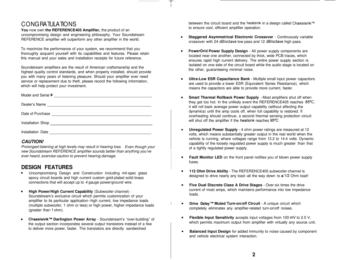 Soundstream Technologies REFERENCE 405 owner manual Congratulations, Design Features 