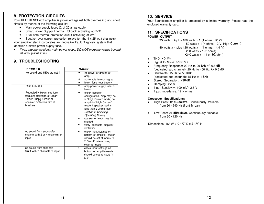 Soundstream Technologies REFERENCE 405 owner manual Protection Circuits, Service, Specifications, Troubleshooting 