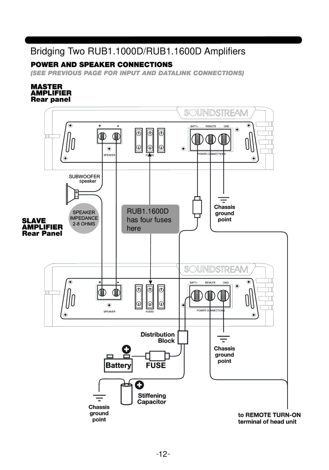 Soundstream Technologies RUB1.2500D owner manual Bridging Two RUB1.1000D/RUB1.1600D Amplifiers 