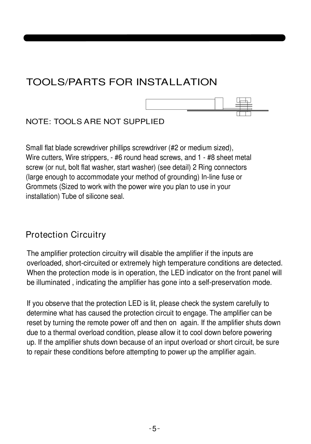 Soundstream Technologies RUB1.2500D, RUB1.1600D, RUB1.1000D owner manual TOOLS/PARTS for Installation, Protection Circuitry 