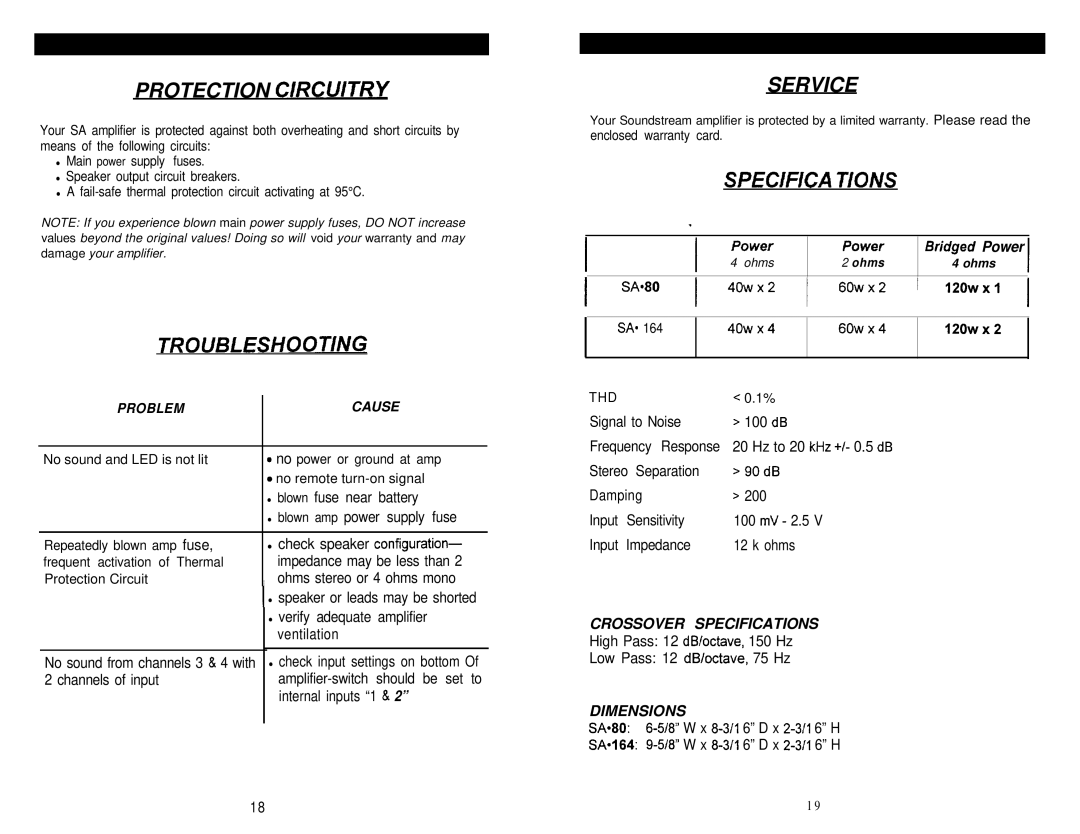 Soundstream Technologies SA 164 owner manual Service, Specifica Tions, Crossover Specifications, Dimensions 