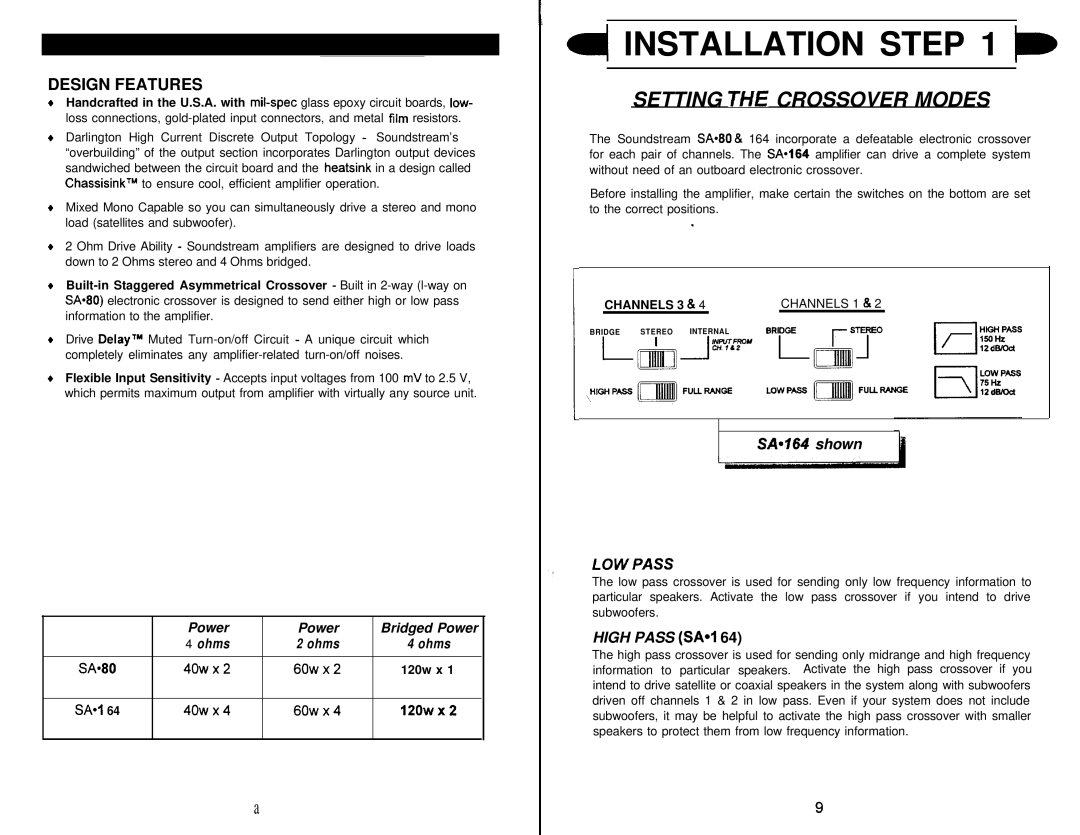 Soundstream Technologies SA 164 owner manual Installation b, Setting the Crossover Modes, Lowpass, High Pass SA*I 