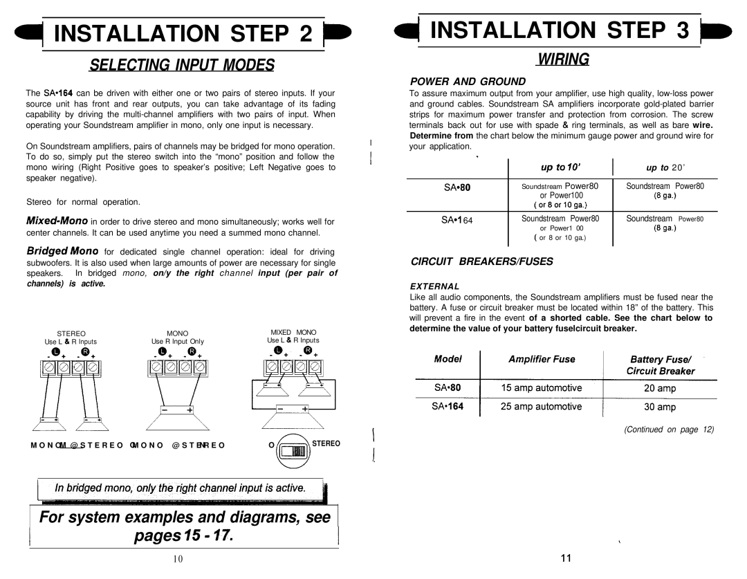 Soundstream Technologies SA 164 owner manual Installation t, Power and Ground, Circuit BREAKERS/FUSES 