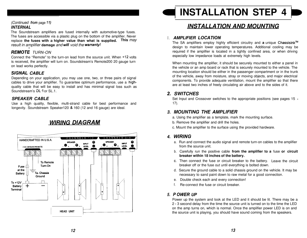 Soundstream Technologies SA 164 owner manual Installation and Mounting, Internal, Sgnal Cable, Speaker Cable, = Ower UP 