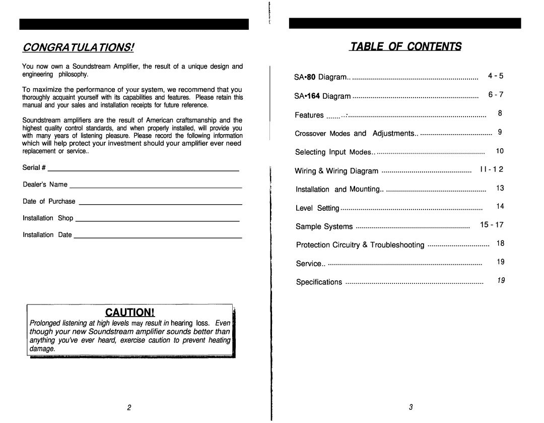Soundstream Technologies SA 164 owner manual Congra Tula Tions, Table Of Contents 