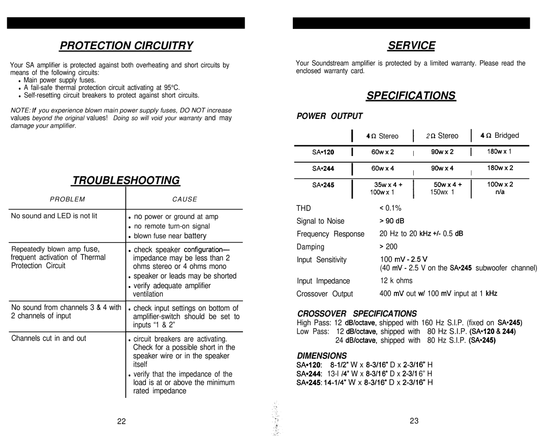 Soundstream Technologies SA.120, SA.244, SA.245 owner manual Protection Circuitry, Troubleshooting, Service, Specifications 