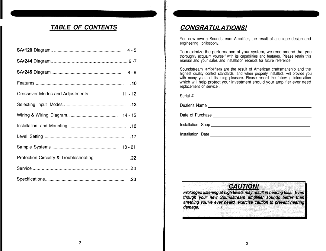 Soundstream Technologies SA.245, SA.120, SA.244 owner manual Table of Contents, Ccmgra Tula TIUMS.’ 