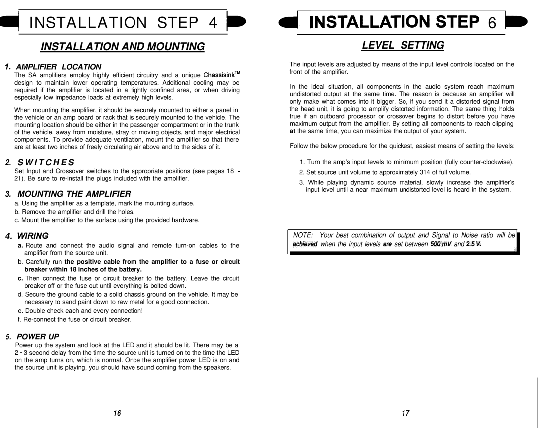 Soundstream Technologies SA.120, SA.244, SA.245 Installation and Mounting, Level Setting, Amplifier Location, Power UP 