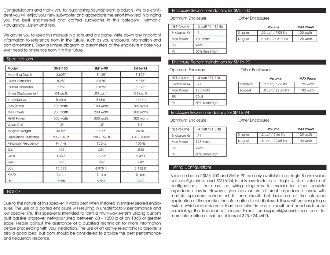 Soundstream Technologies SM16-90 Enclosure Recommendations for SM8-100, Enclosure Recommendations for SM16-94 