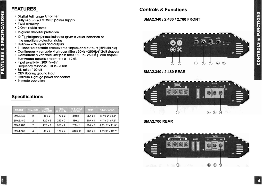 Soundstream Technologies SMA2.340, SMA2.480, SMA2.700, SMA4.680 manual Features, Specifications Controls-&-Functions 