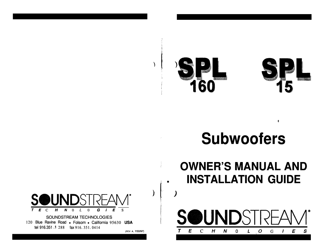 Soundstream Technologies SPL 160, SPL 15 owner manual Undstream@, Subwoofers, Undstream’I, T E C H Iv 0 L ,O G I E S 