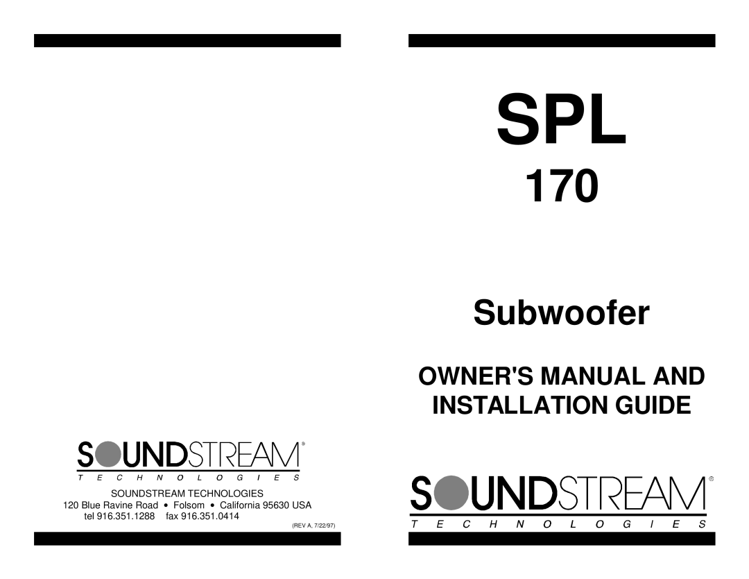 Soundstream Technologies SPL 170 owner manual Spl 