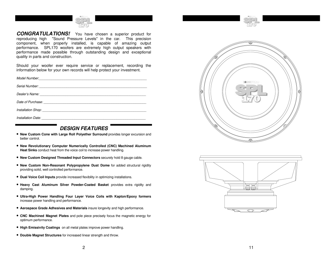 Soundstream Technologies SPL 170 owner manual Design Features 