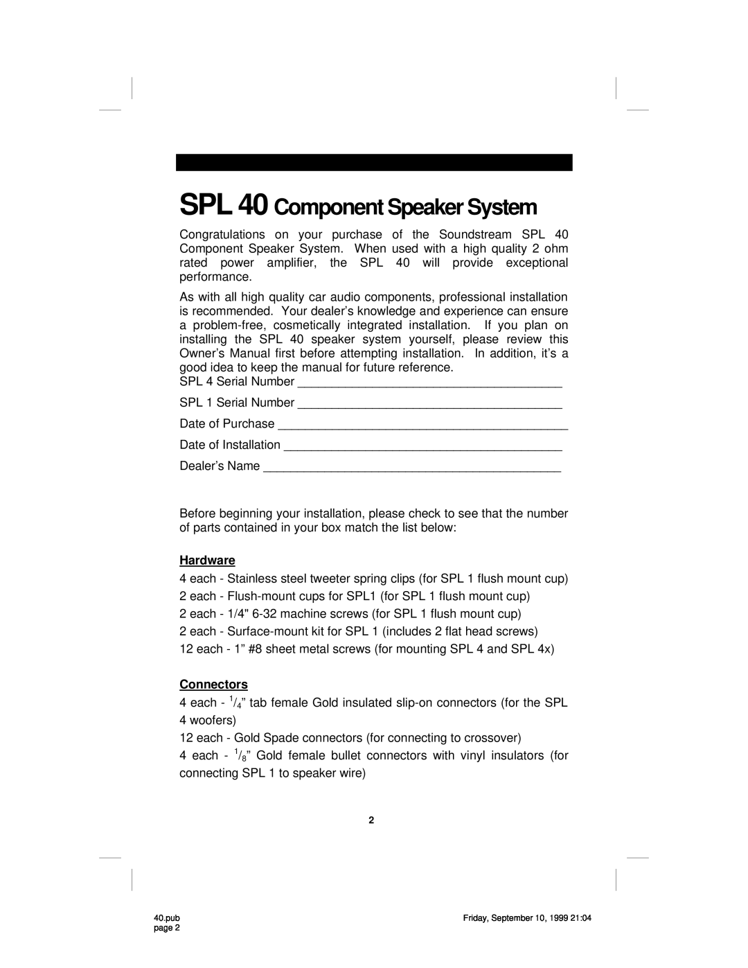 Soundstream Technologies SPL40 owner manual Hardware And, Parts List, Project, SPL 40 Component Speaker System 