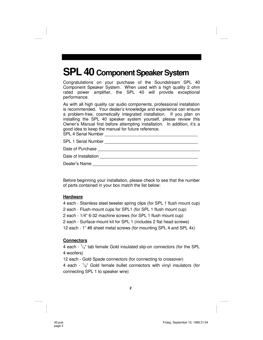 Soundstream Technologies SPL40 owner manual Hardware, Parts List, Project, Spl 