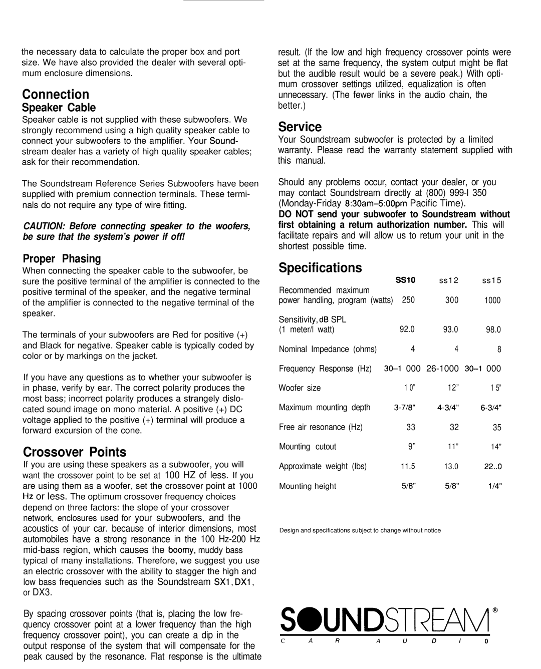 Soundstream Technologies SS15, SSIO, SS12 owner manual Connection, Crossover Points, Service, Specifications 