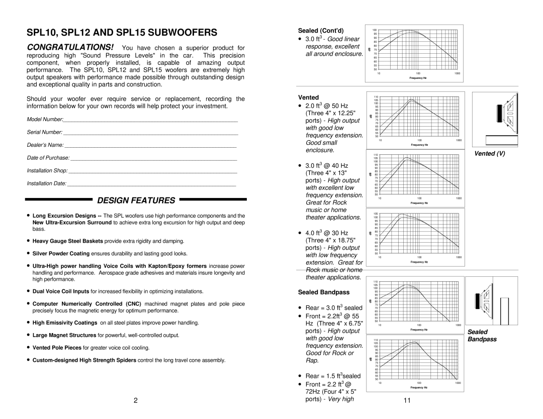 Soundstream Technologies Subwoofers owner manual Vented, Sealed, Bandpass 