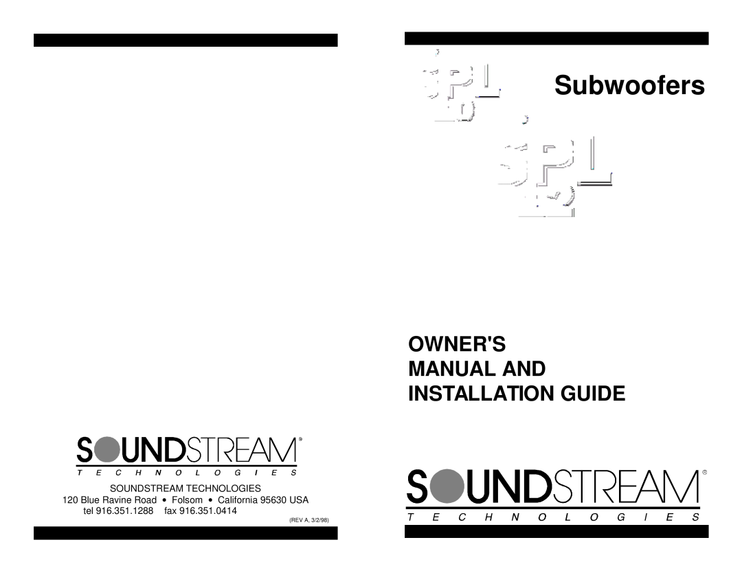 Soundstream Technologies Subwoofers owner manual REV A, 3/2/98 