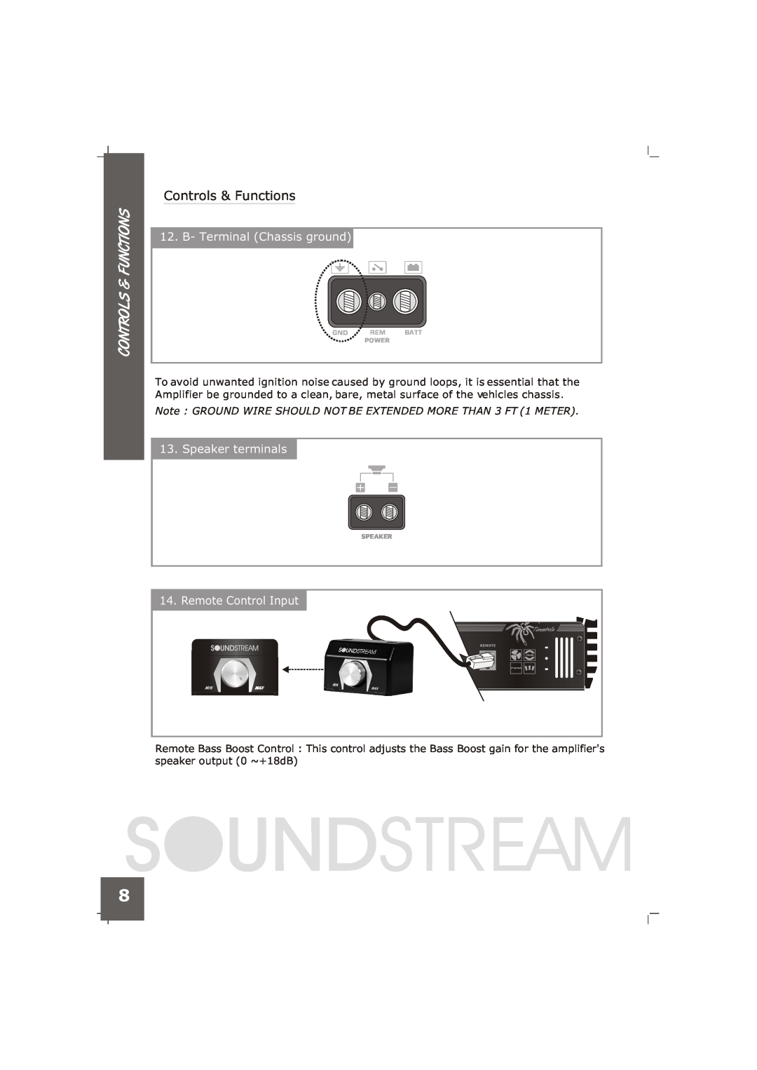 Soundstream Technologies TRX20000 Controls & Functions, B- Terminal Chassis ground, Speaker terminals, Gnd Rem Batt, Power 