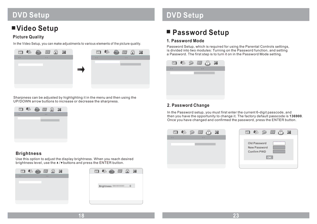 Soundstream Technologies VCM-11DXX owner manual Video Setup, Password Setup, Brightness 