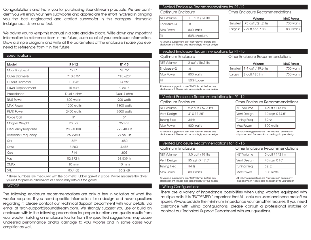 Soundstream Technologies woofer Specifications, Sealed Enclosure Recommendations for R1-12, Wiring Configurations 