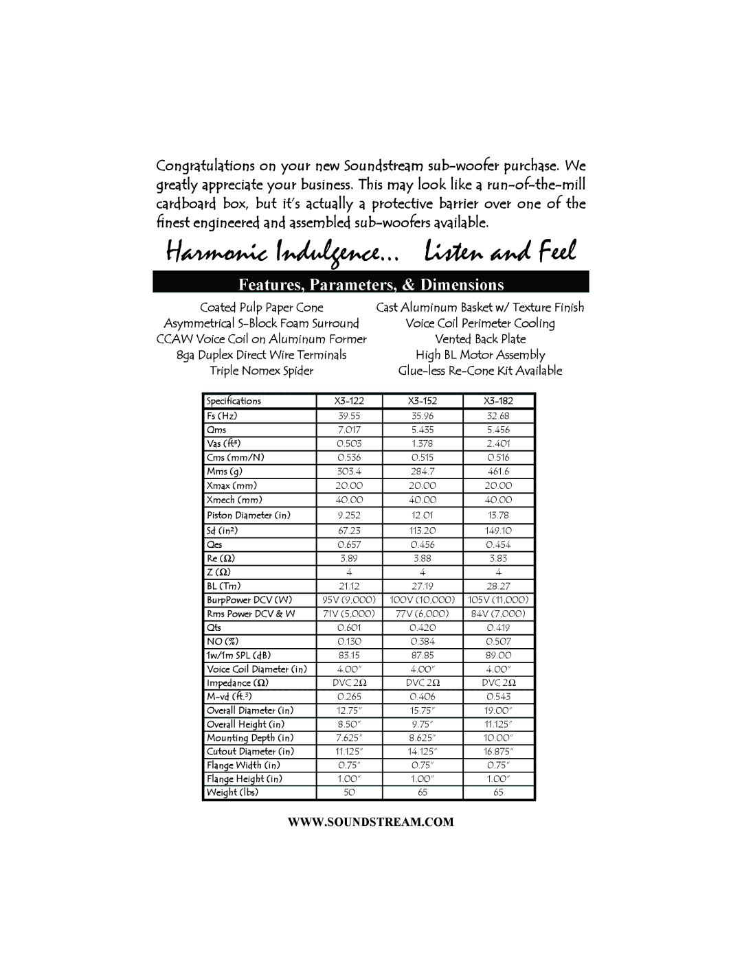 Soundstream Technologies X3-122, X3-182, X3-152 manual Harmonic Indulgence…, Features, Parameters, & Dimensions 