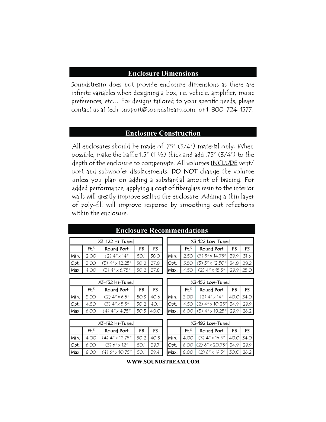 Soundstream Technologies X3-182, X3-152, X3-122 Enclosure Dimensions, Enclosure Construction, Enclosure Recommendations 