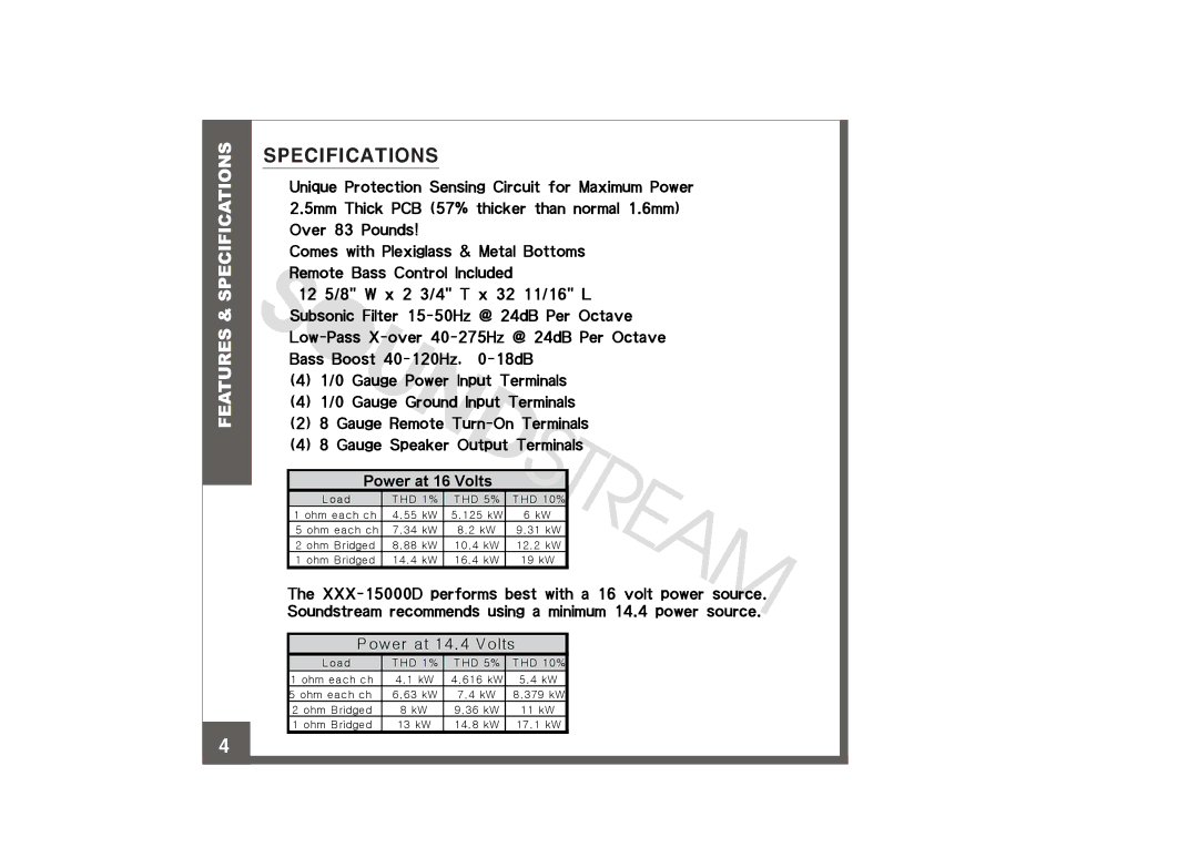 Soundstream Technologies XXX-15000D manual Specifications 